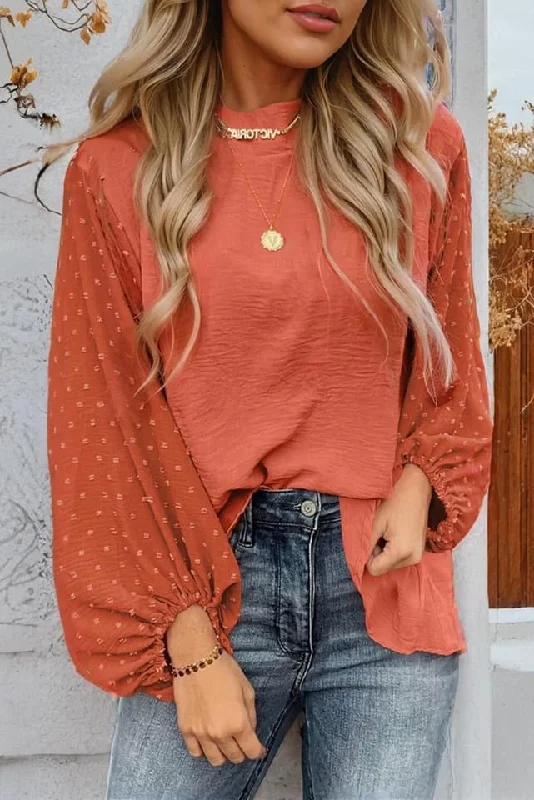 Russet Orange Swiss Dot Balloon Sleeve Loose Blouse Satin Drape Blouse