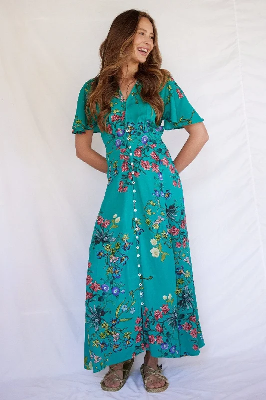 Sadie Maxi Dress in Jade Bloom Stylish Maxi Dress with Pleats