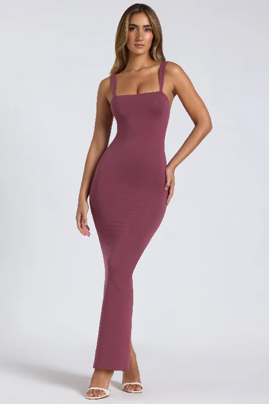 Modal Square Neck Low Back Maxi Dress in Plum Comfortable Maxi Dress with Belt