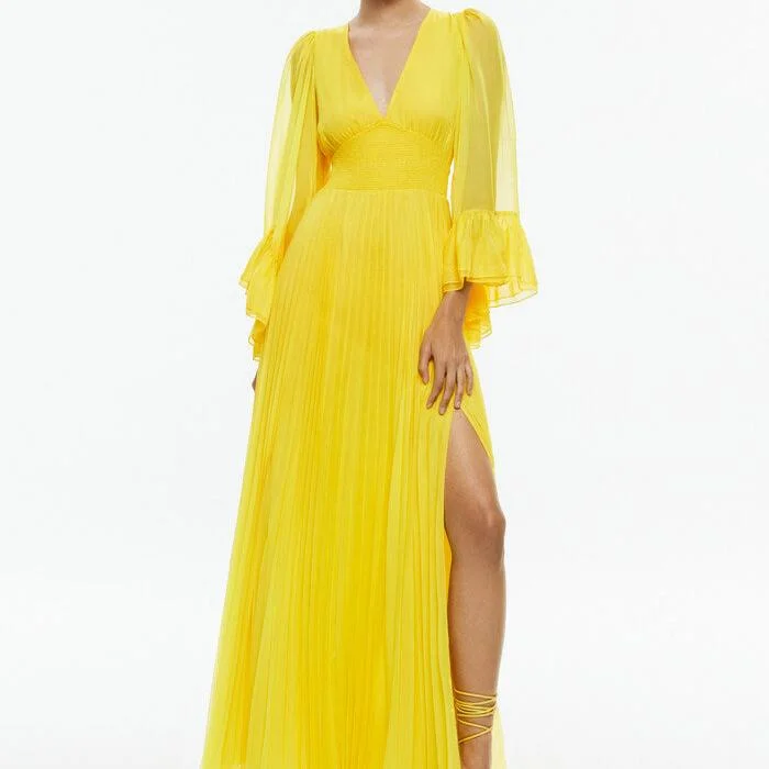 Selene Deep V Neck Pleated Maxi Dress | Yellow Elegant Maxi Dress with Ruffles