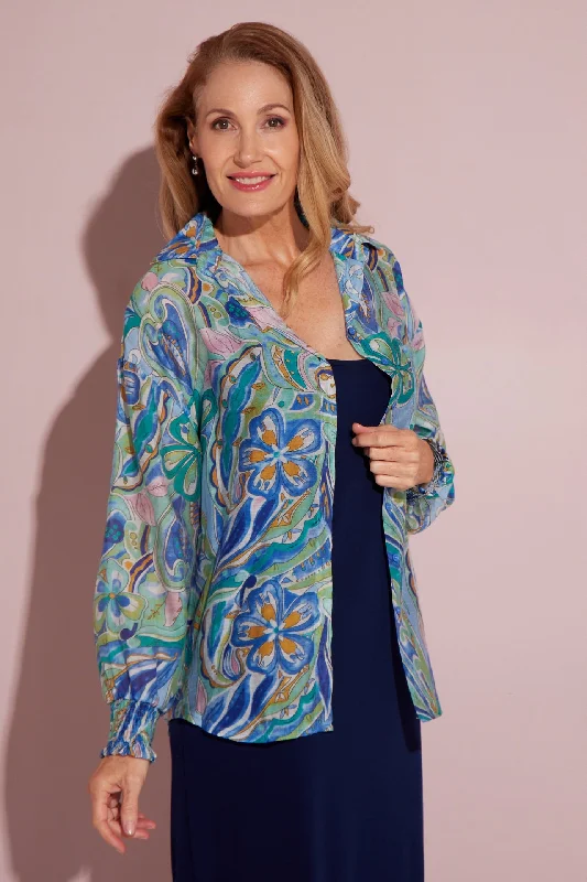 Serenity Blouse - Lavender Aqua Paisley Silky Tunic Blouse