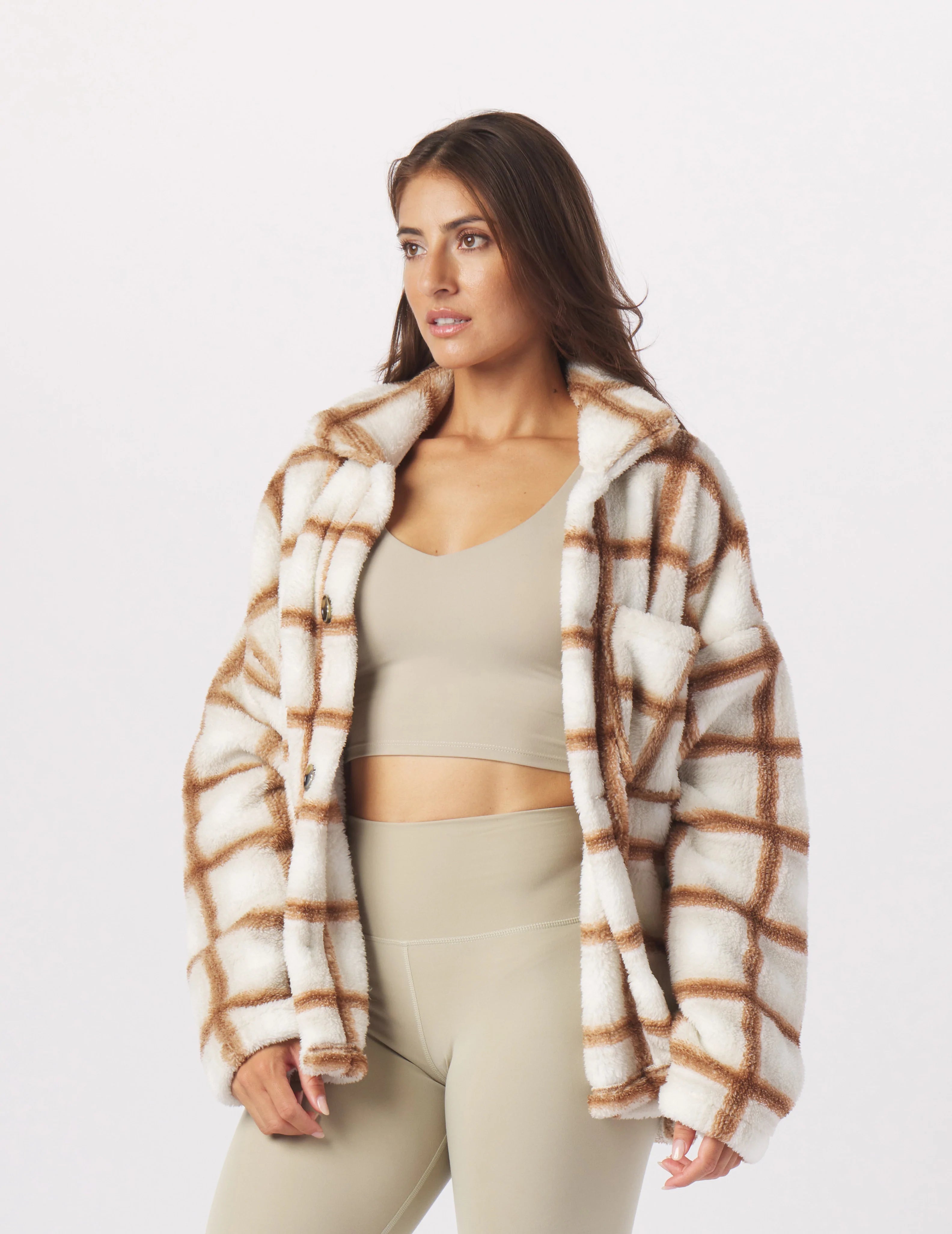 Show-Stopping Shacket:Oatmilk/Almond Jackson Plaid Pastel Color Blouse