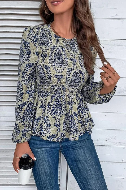 Sky Blue Boho Printed Balloon Sleeve Smocked Peplum Blouse Embroidered Cotton Blouse