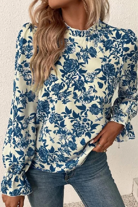 Sky Blue Floral Print Flounce Sleeve Keyhole Back Blouse Smart Business Blouse