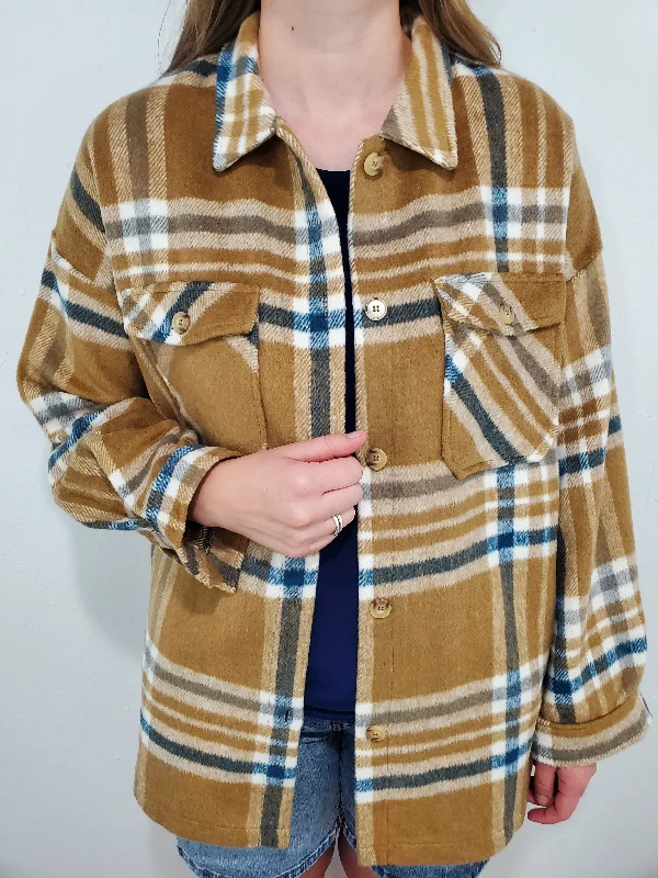 SKYLAR PLAID SHACKET - CAMEL/BLUE High Neck Blouse