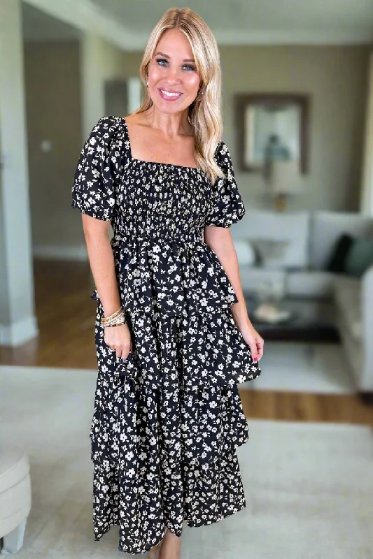 Smocked Floral Square Neck Tiered Pocketed Maxi Dress in Black/Ivory Classic Solid Maxi Dress