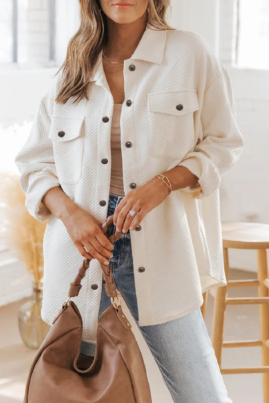 Solid Textured Flap Pocket Buttoned Shacket Peter Pan Collar Blouse
