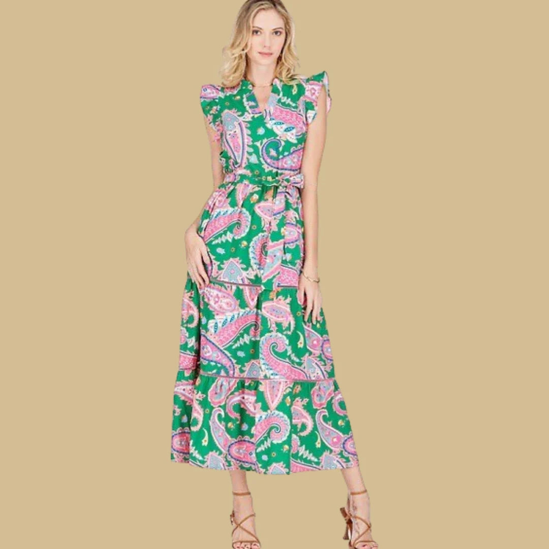 Spring Paisley Trim Tiered Maxi Dress-JADE Elegant Maxi Dress with Belt