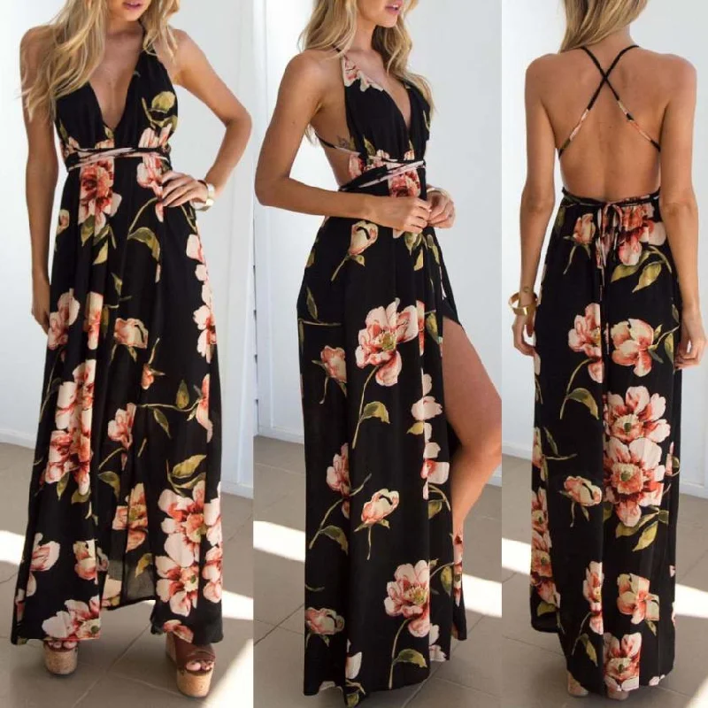 Summer dress 2019 Floral Vestidos Mujeres Sexy Maxi Dress Long Pleated Dresses Backless robe femme robe longue evenning-dress Comfortable Maxi Dress with Belt