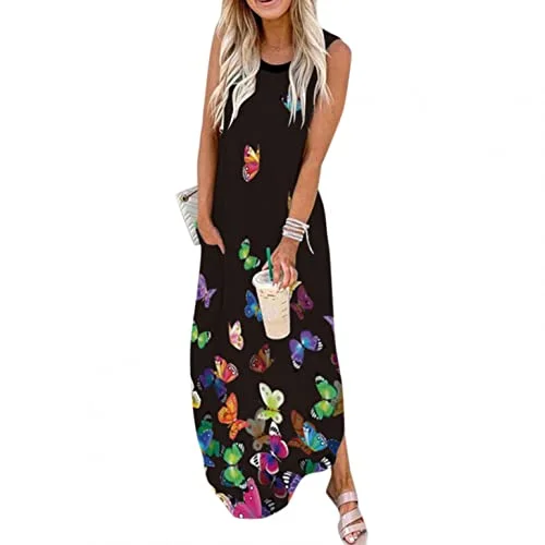 Summer Dress for Women, Women Side Split Maxi Dress Summer Solid Floral Fashion Casual Sleeveless Sundress | Original Brand Cozy Cold-Shoulder Maxi Dress