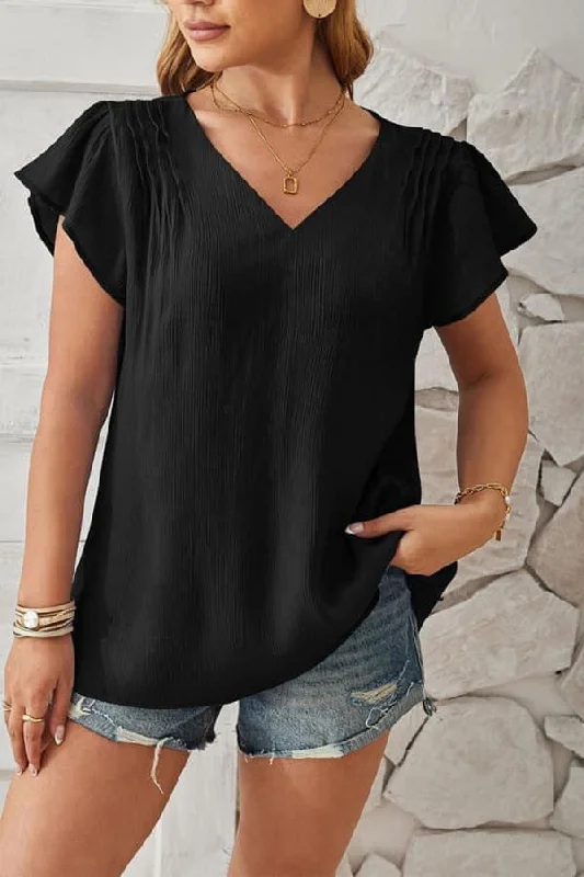 Texture V Neck Flare Sleeves Blouse Classic White Blouse