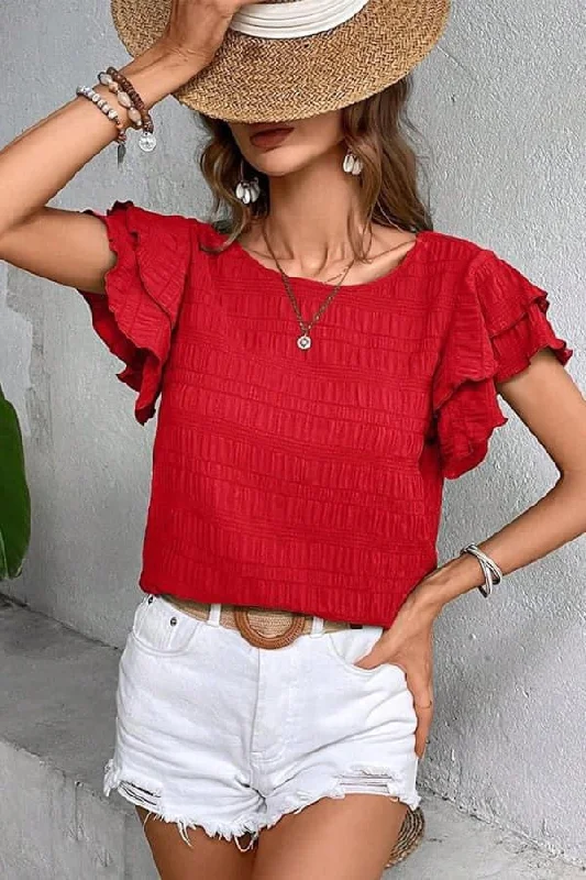 Textured Dual Ruffles Sleeves Blouse Playful Puff Blouse