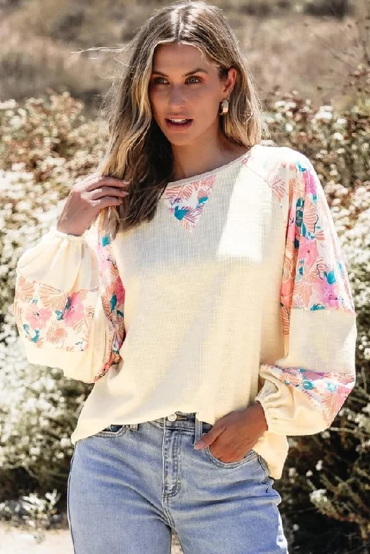 Textured Floral Patchwork Balloon Sleeve Blouse Backless Summer Blouse