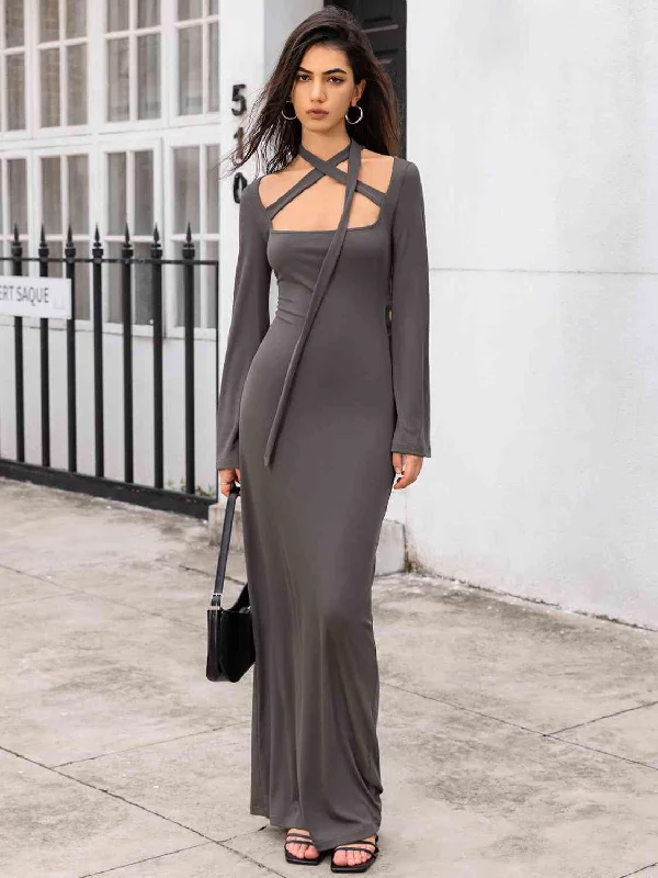 Tie Detail Long Sleeve Maxi Dress Comfortable Fitted Maxi Dress