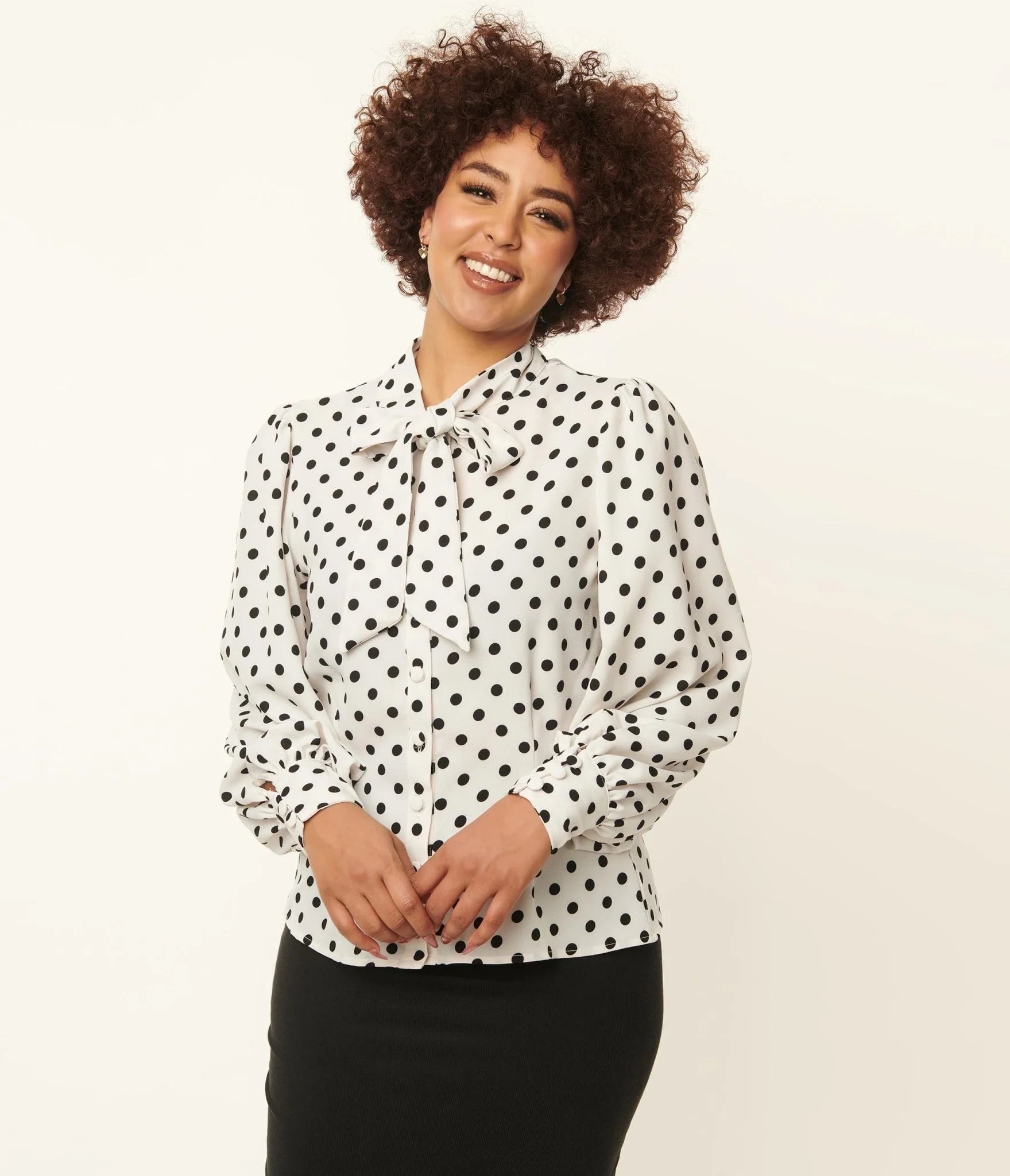 1940s White & Black Polka Dot Neck Tie Gwen Blouse by Unique Vintage Slim Fit Blouse
