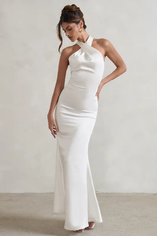 Unstoppable | White Satin Cross Over Halter Neck Maxi Dress Casual Maxi Dress with Pockets