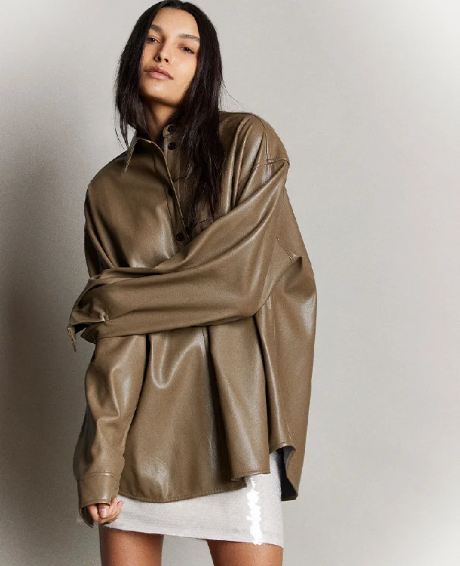 Vegan Leather Oversized Shacket Ruched Sleeve Blouse