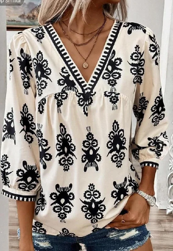 Vintage Geometric Printed 3/4 Sleeve V Neck Blouse Loose Oversized Blouse