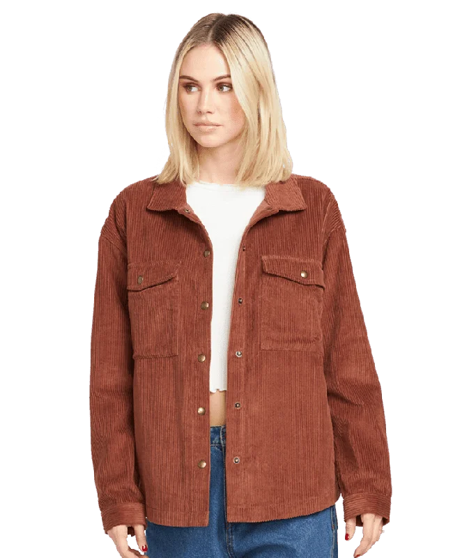 VOLCOM Women's Power Chord Shacket Chestnut Brown Versatile Layering Blouse