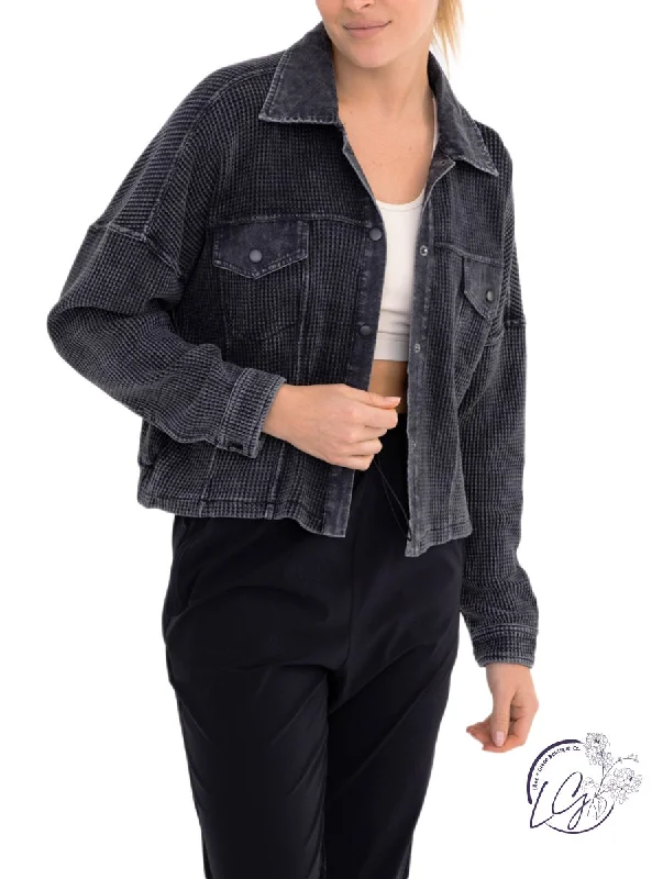 Waffle Knit Mineral-Washed Cropped Shacket Embellished Collar Blouse