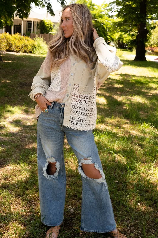 Way Home Patch Detail Shacket - Beige Asymmetric Hem Blouse