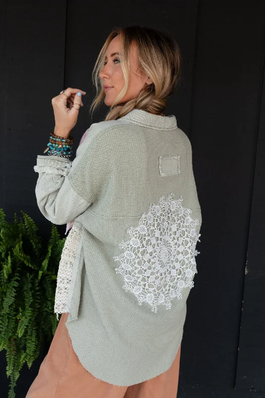 Way Home Patch Detail Shacket - Sage Lightweight Floral Blouse