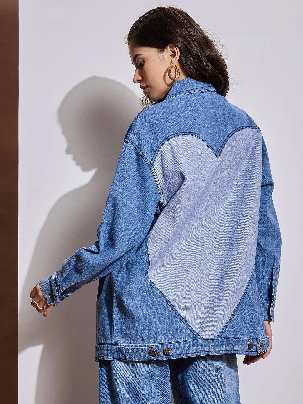 Women Blue Washed Denim Back Heart Patch Shacket Ruched Sleeve Blouse
