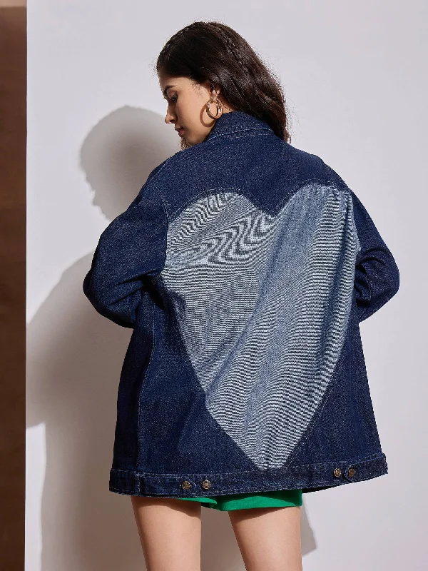 Women Navy Blue Denim Back Heart Patch Shacket Office-Ready Blouse