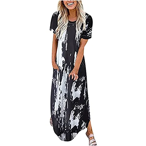 Women Short Sleeve Sleeveless Sundress Side Split Maxi Dress with Pocket Summer Solid Floral Star Tie Dye Hippie Soul | Original Brand Elegant Silk Maxi Dress