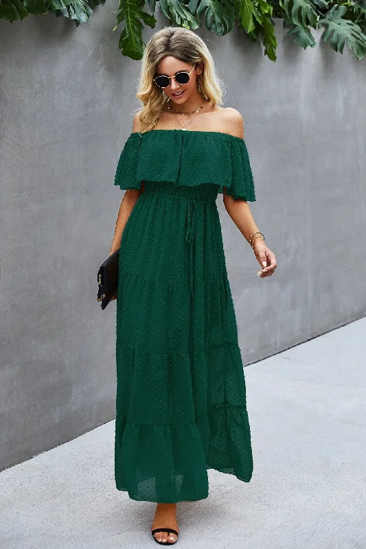 Swiss Dot Off-Shoulder Maxi Dress Classic A-Line Maxi Dress