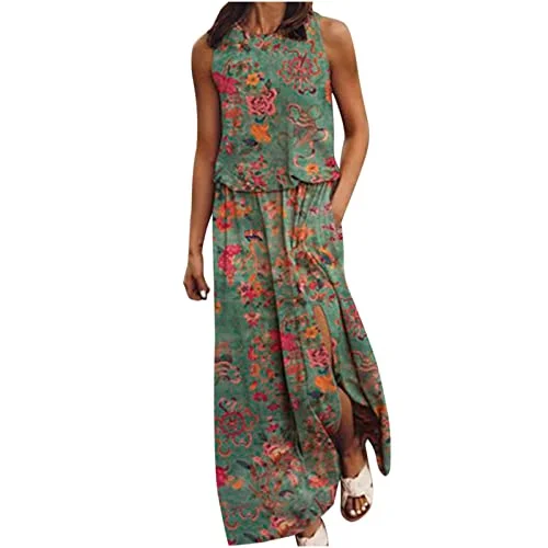 Women's Summer Floral Print Sleeveless Maxi Dress with Pockets Casual Elastic Hide Belly Blouson Long Dress | Original Brand Fashionable Halter Neck Maxi Dress