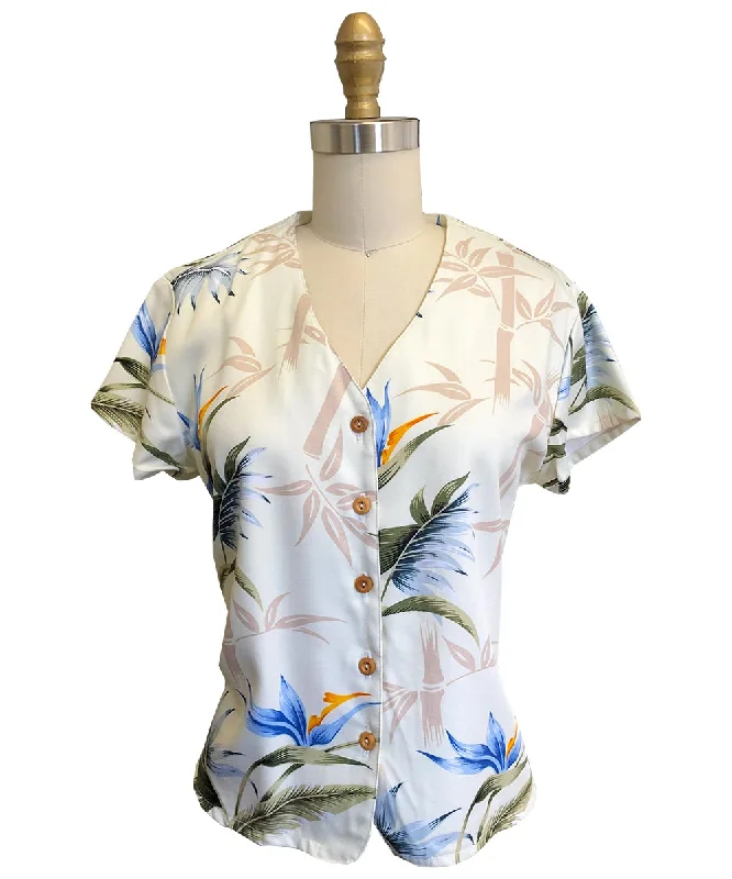 Bamboo Paradise Cream V-Neck Blouse Puff Sleeve Blouse