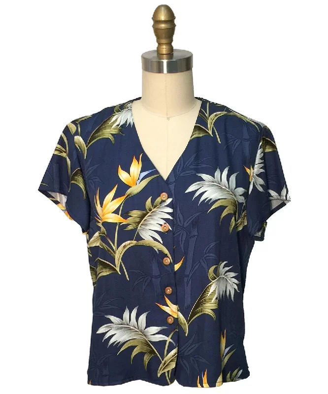 Bamboo Paradise Navy V-Neck Blouse Boho Printed Blouse