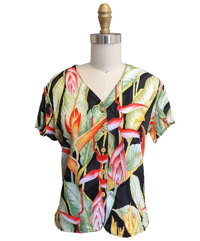 Heliconia Black V-Neck Blouse Ruffled Neck Blouse