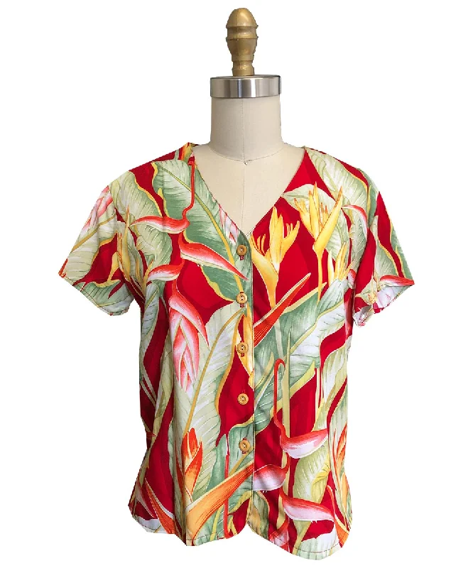 Heliconia Red V-Neck Blouse Cotton Casual Blouse