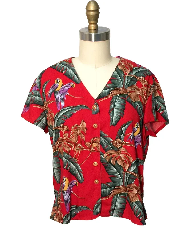 Jungle Bird Red V-Neck Blouse Feminine Ruffle Blouse