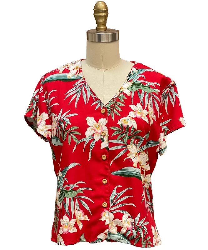 Orchid Ginger Red V-Neck Blouse Chic Off-Shoulder Blouse