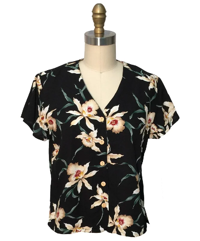 Star Orchid Black V-Neck Blouse Satin Long Blouse