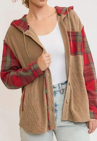 Corduroy Shacket with Plaid Details Versatile Layering Blouse