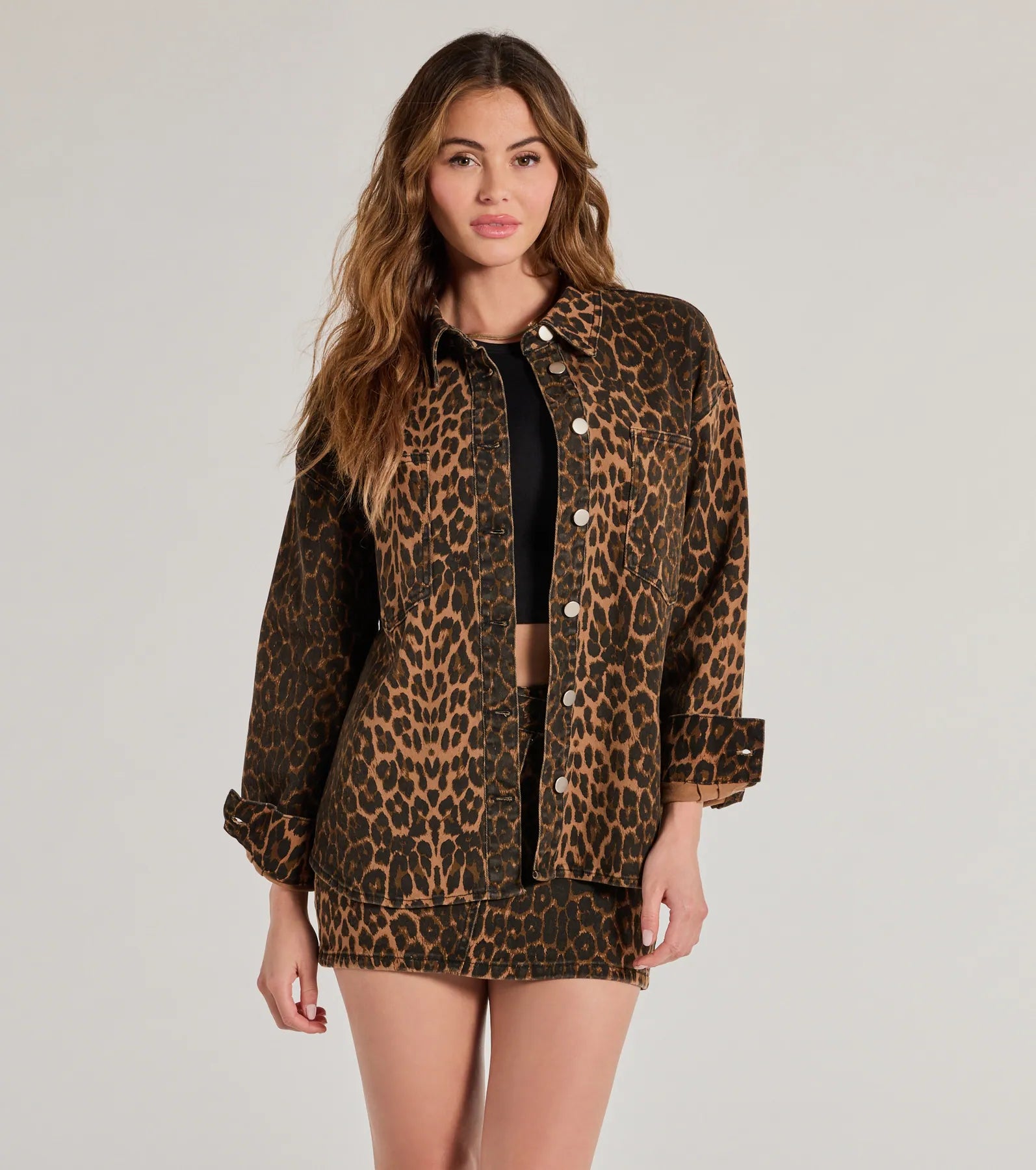 Feeling Fierce Leopard Print Denim Shacket Feminine Satin Blouse