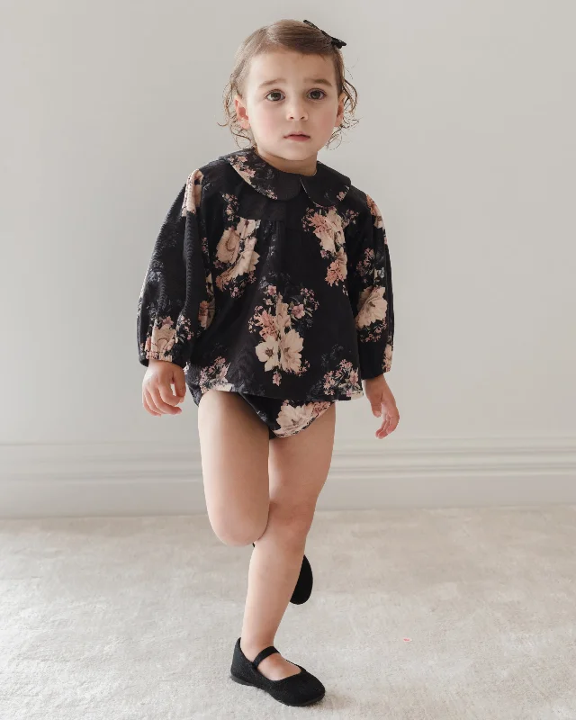 PETITE AMALIE "Enchanted Delight" BEBE Black Bouquet Cord Blouse and Bloomer Set Floral Chiffon Blouse