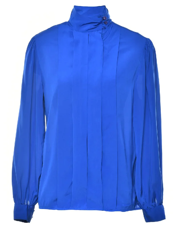 Pin Tucks Blue Blouse - M Elegant Embroidery Blouse