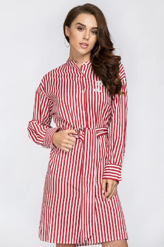 Red Candy Stripe Belted Long Blouse Lightweight Linen Blouse