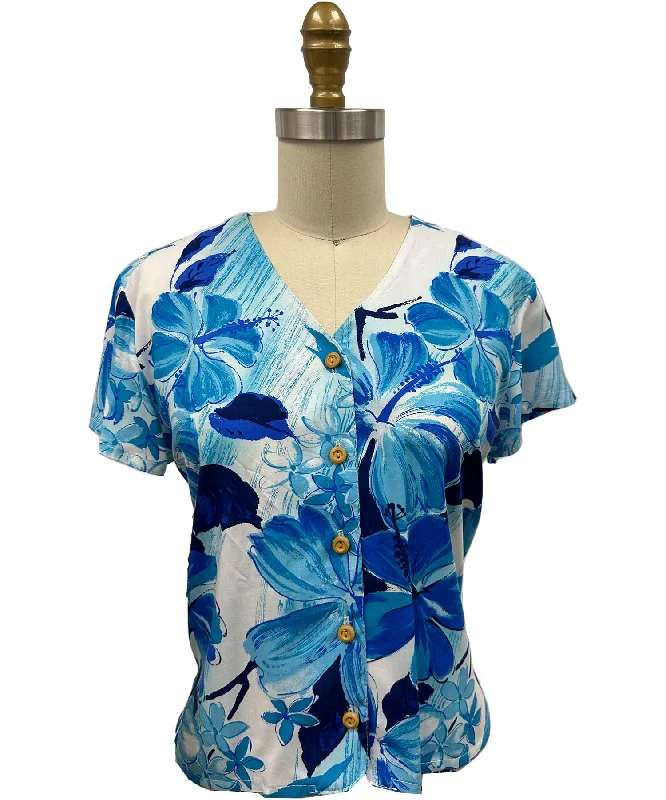 Watercolor Hibiscus Blue V-Neck Blouse Elegant Semi-Sheer Blouse
