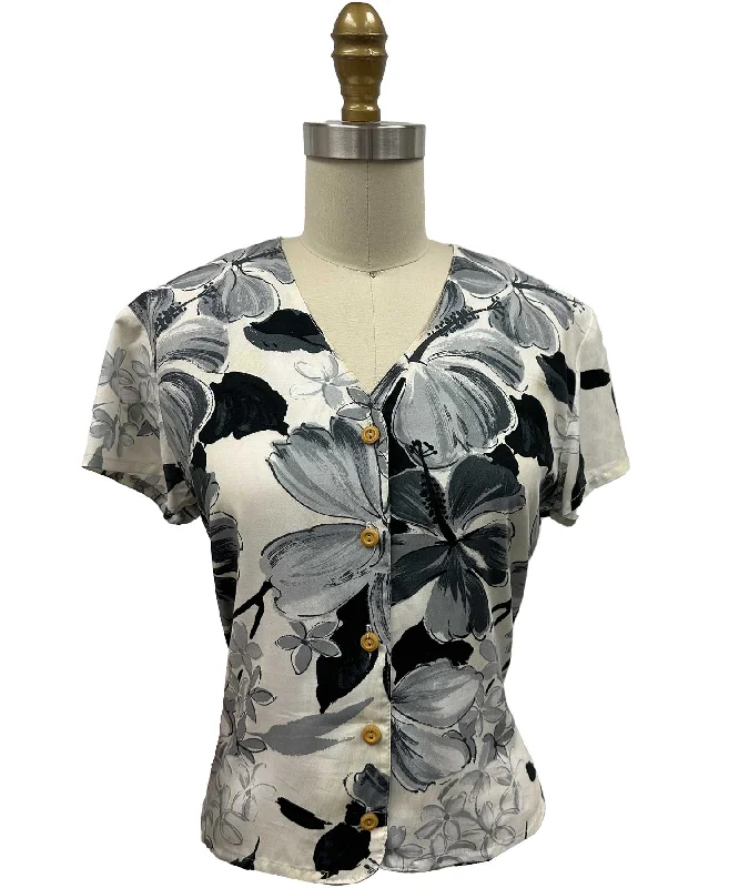 Watercolor Hibiscus Gray V-Neck Blouse Soft Pastel Blouse