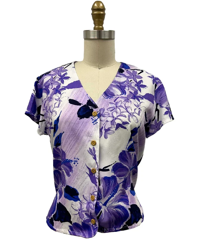 Watercolor Hibiscus Purple V-Neck Blouse Casual Stripe Blouse