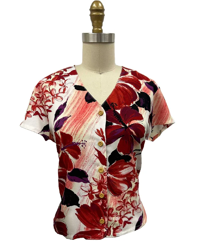 Watercolor Hibiscus Red V-Neck Blouse Sleeveless Chiffon Blouse