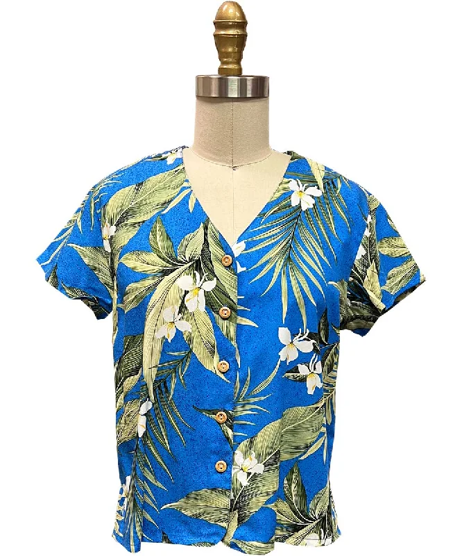 White Ginger Blue V-Neck Blouse Chic Ruffle Blouse