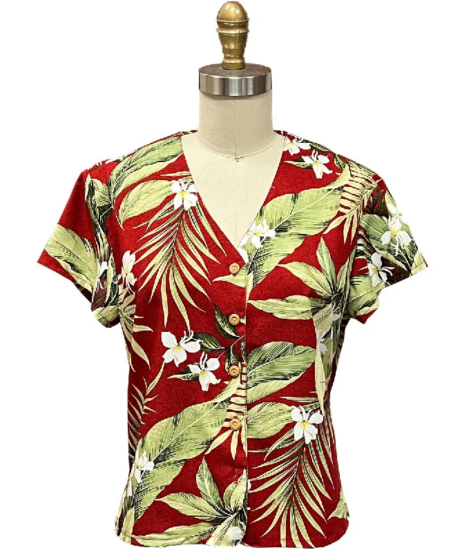 White Ginger Red V-Neck Blouse Casual Button Blouse