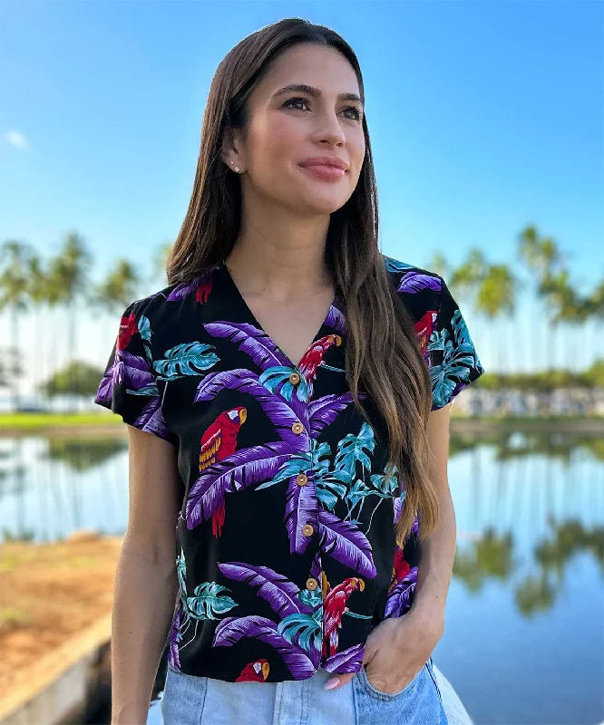 Jungle Bird Black V-Neck Blouse Off-Shoulder Wrap Blouse